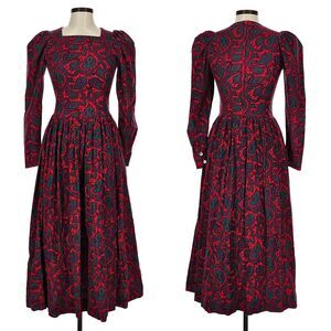 Vintage 90s Laura Ashley Red Corduroy Midi Dress Puff Sleeve Cottagecore Size 6